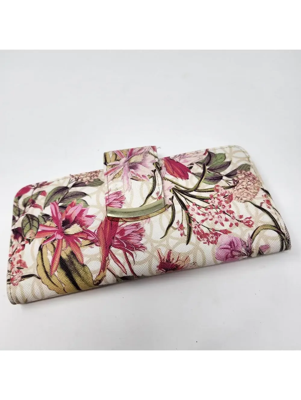 Floral Print Long Wallet Botanical Pink Green Snap Closure